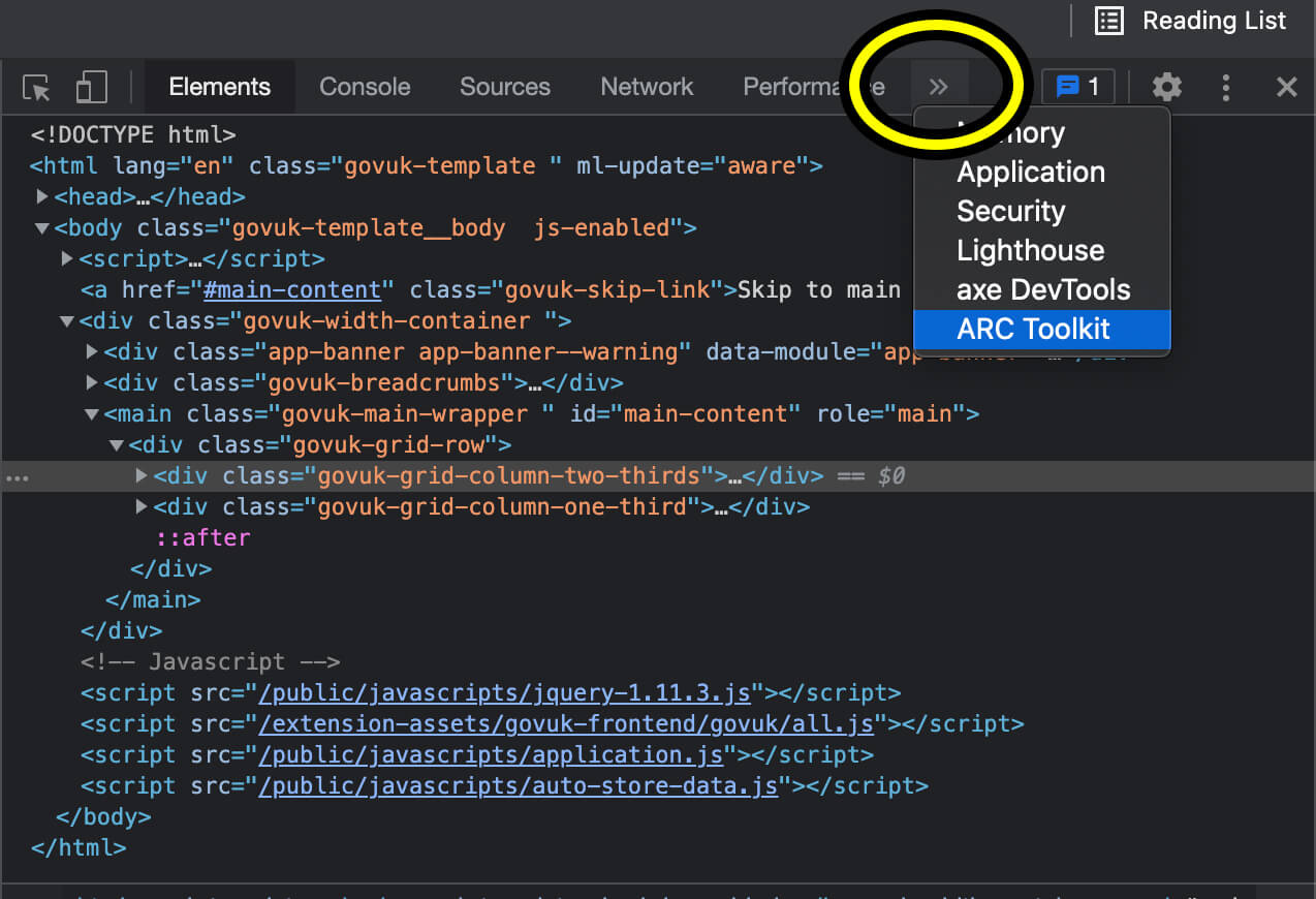Selecting ARC Toolkit in Chrome Developer Tools