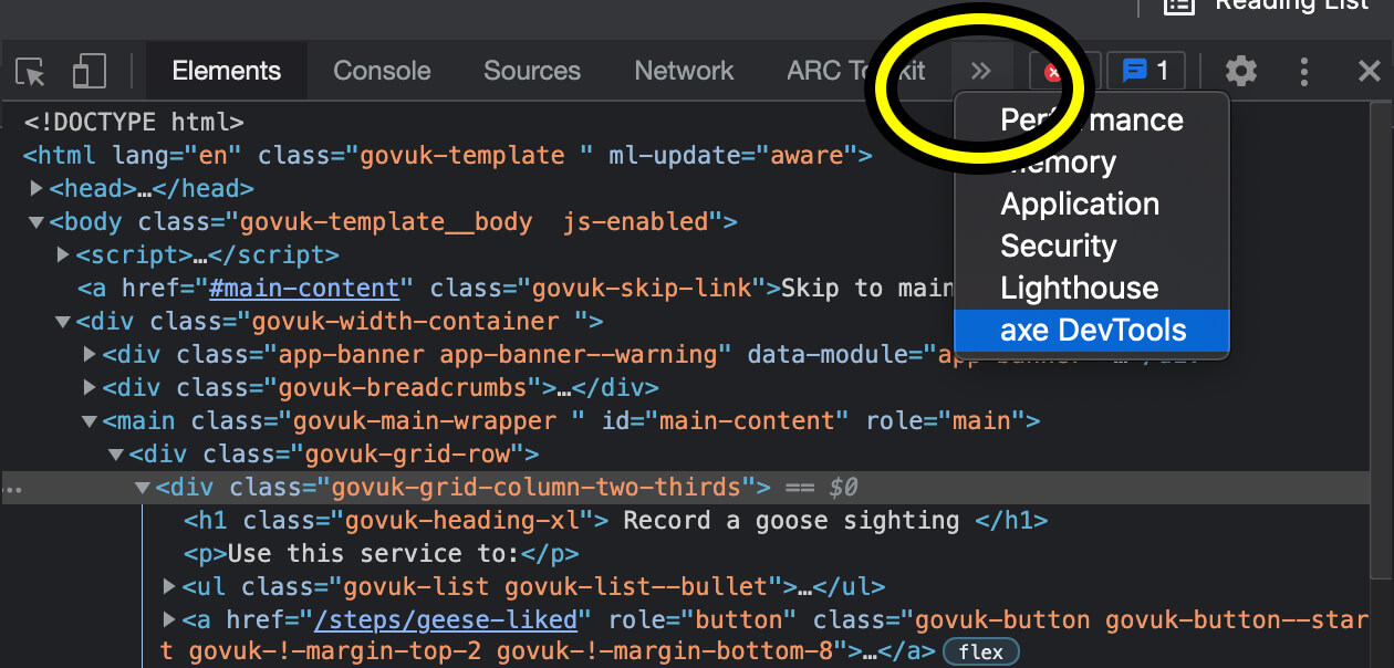 Selecting Axe in Chrome DevTools