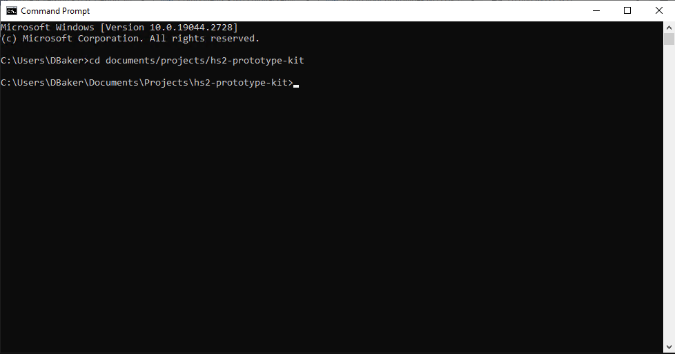Screenshot of navigating to project in the command prompt